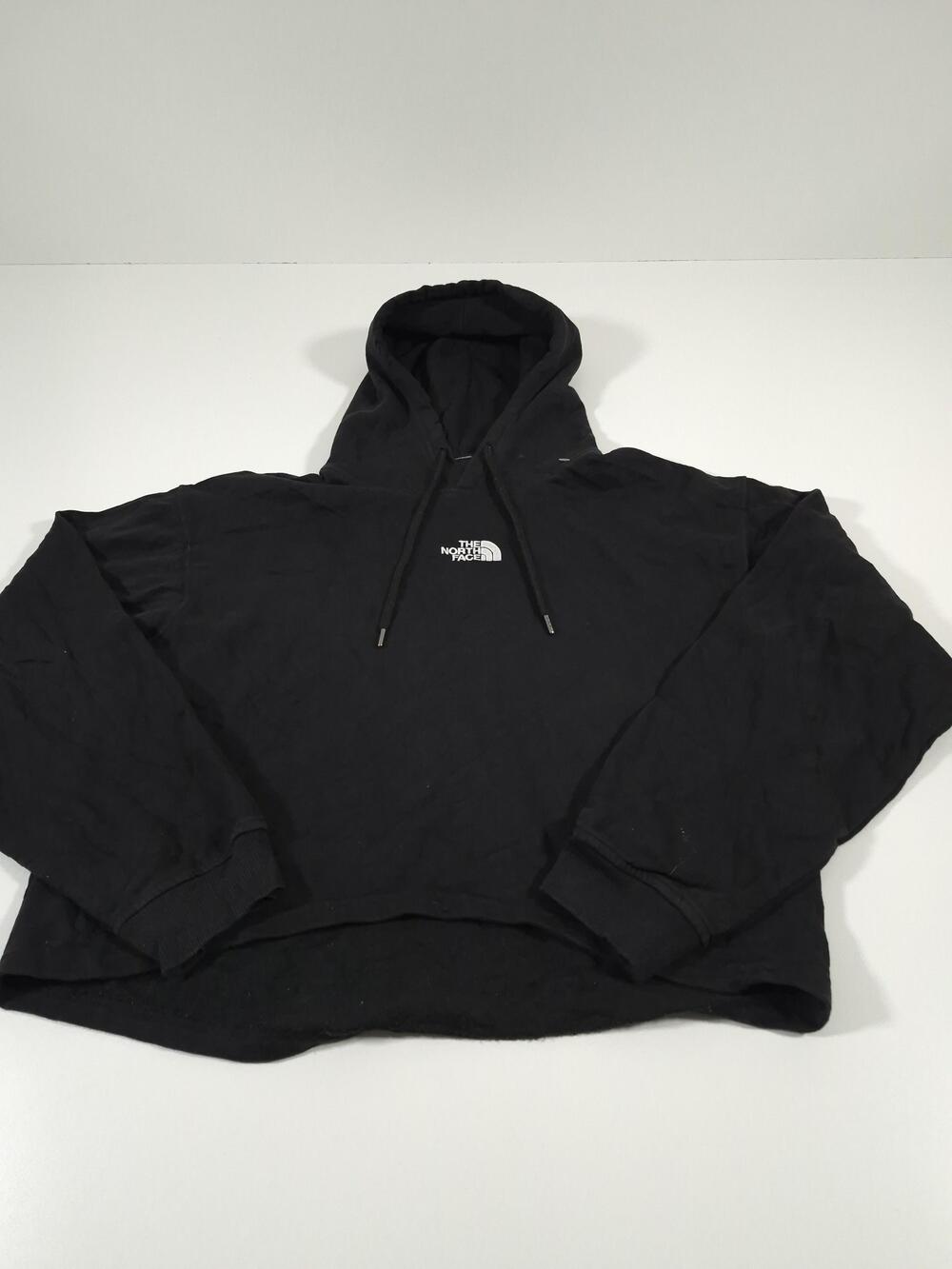 The North Face Hoodie Womens L Black Cropped Fleece Pullover Logo Raw Hem